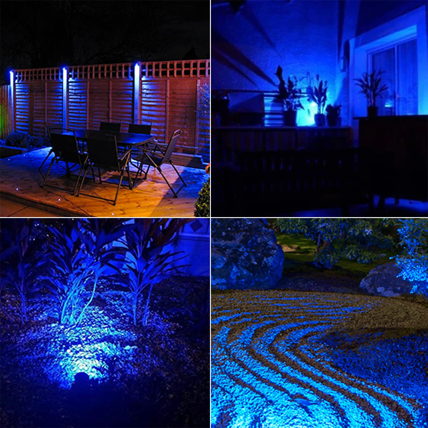 T-SUN Blue Solar Spotlight placed on ground stake for driveway entry.