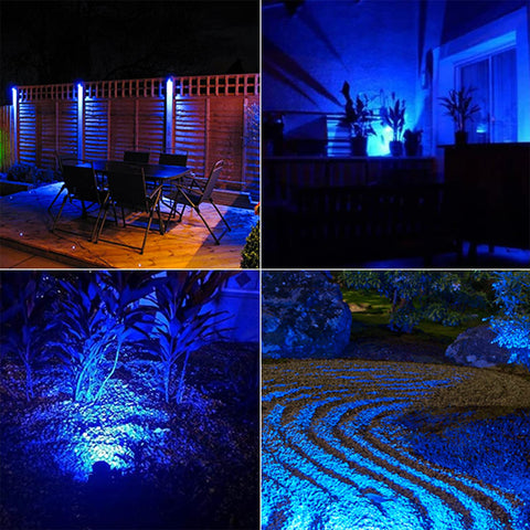 T-SUN Blue Solar Spotlight placed on ground stake for driveway entry.