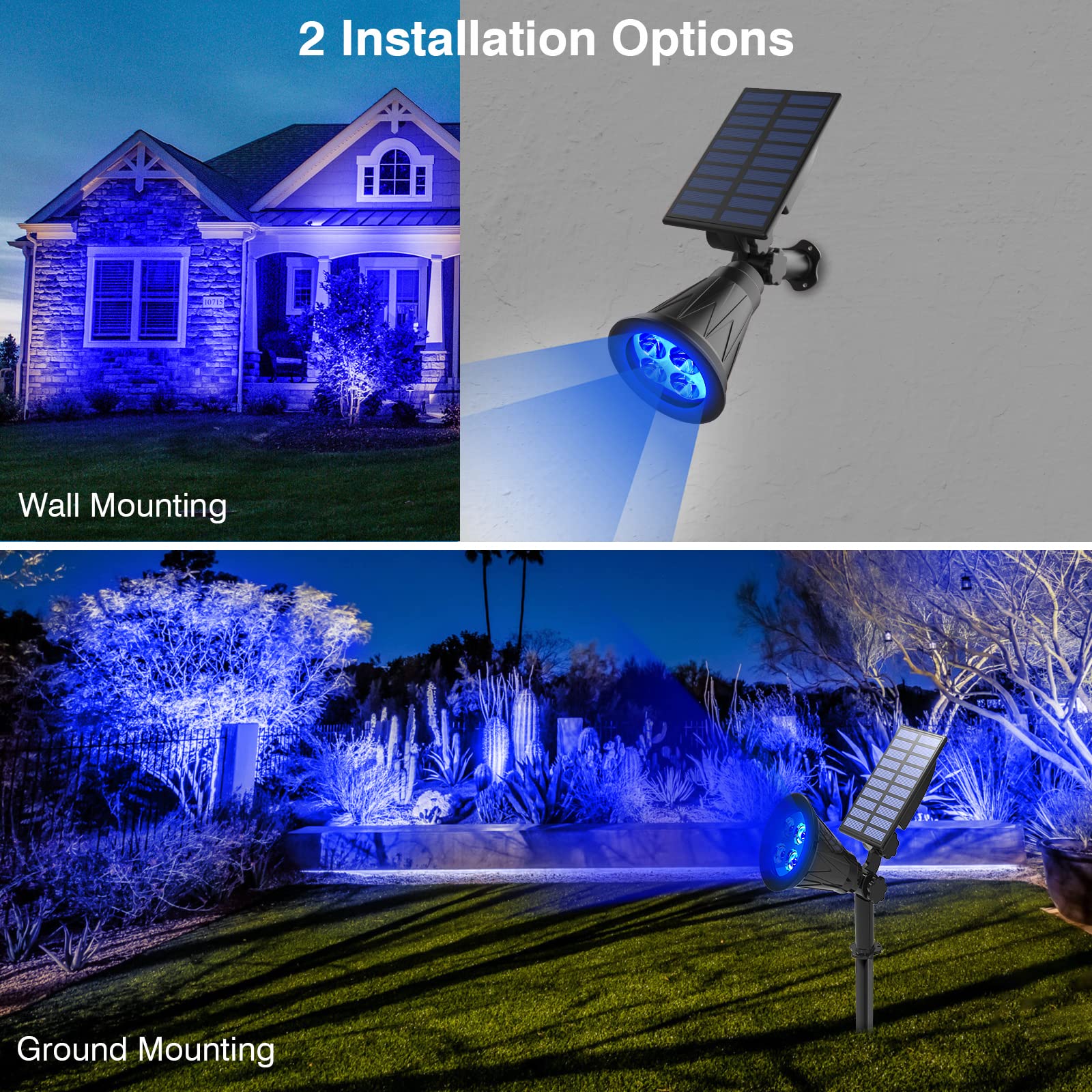 T-SUN Blue Solar Spotlight creates warm yard ambience after dusk.