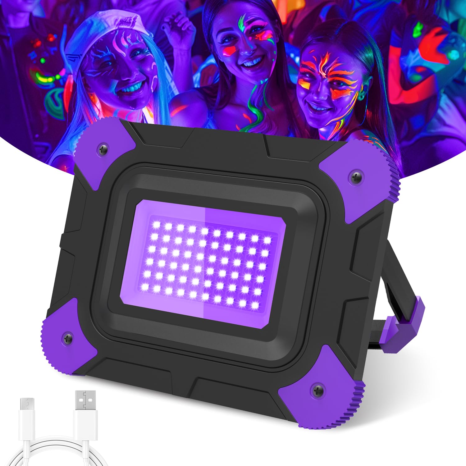 T-SUN rechargeable black light front view for portable outdoor glow applications.