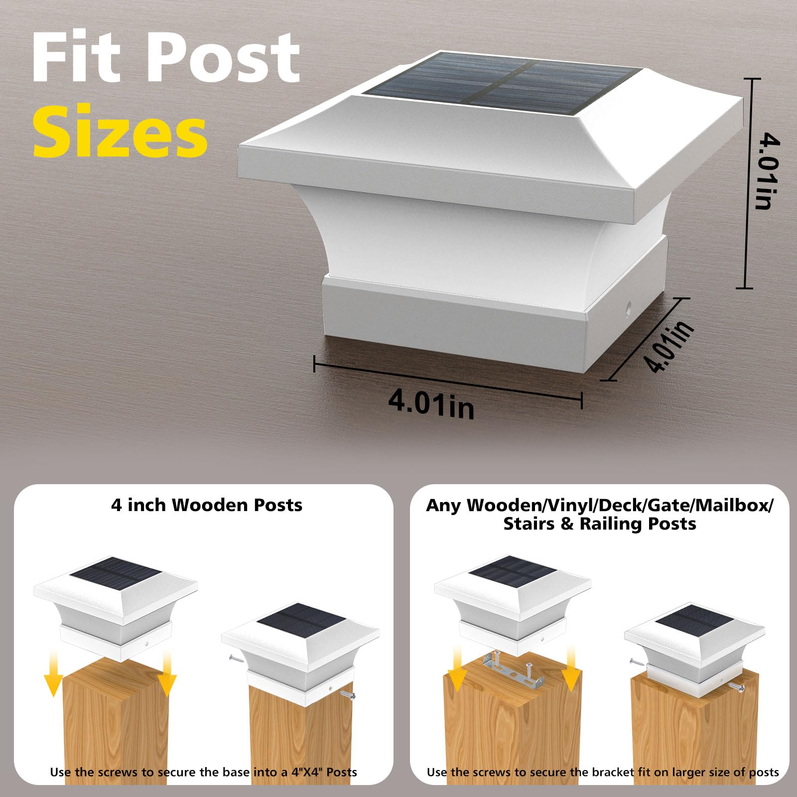 T-SUN post cap light on a vinyl post with IP65 rating withstands rain and shine.