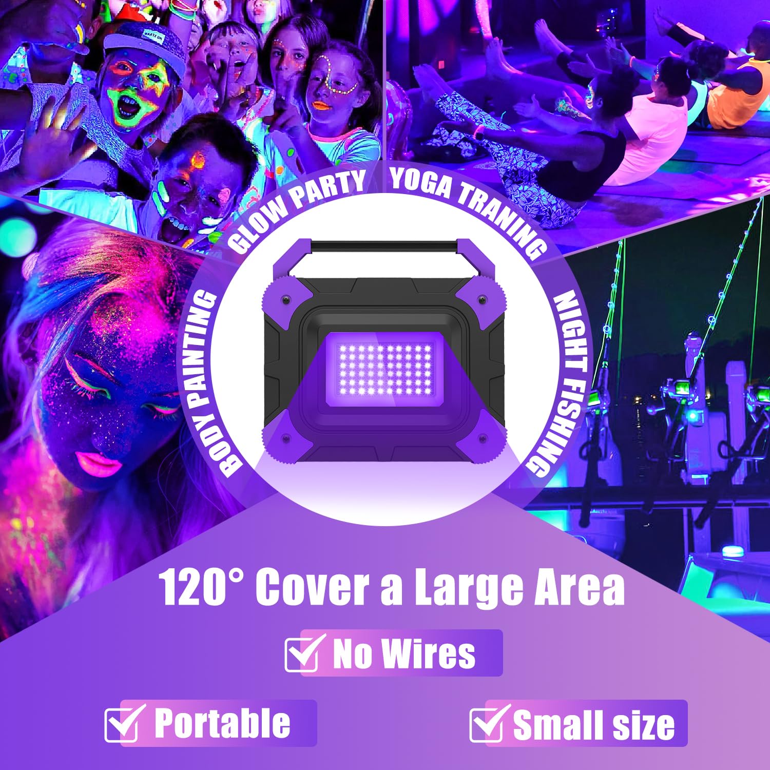 IP65 waterproof and shock-resistant black light for indoor and outdoor use.
