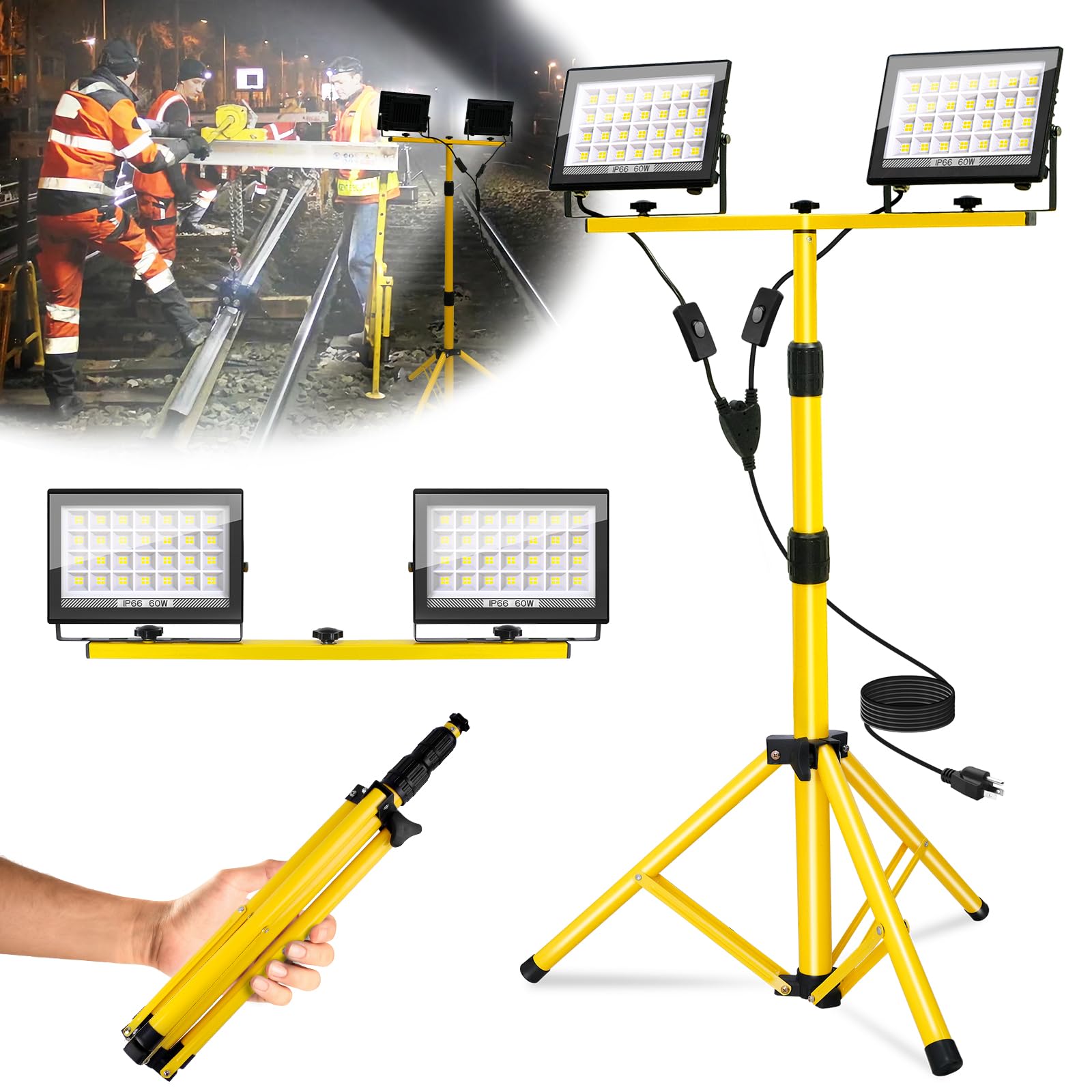 T-SUNiceM 21000-lumen work light on stand illuminates outdoor job sites with bright, even coverage.