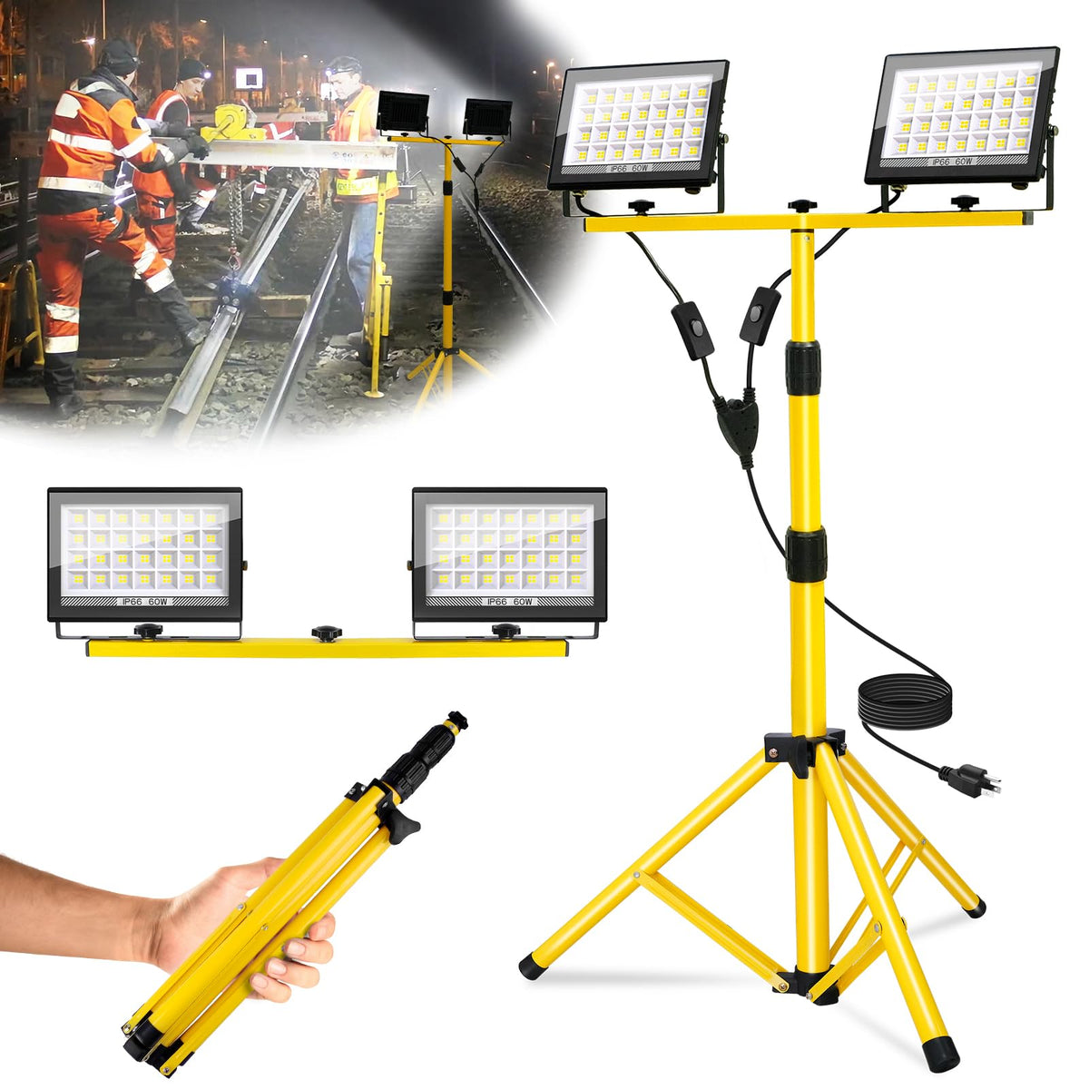 T-SUNiceM 21000-lumen work light on stand illuminates outdoor job sites with bright, even coverage.
