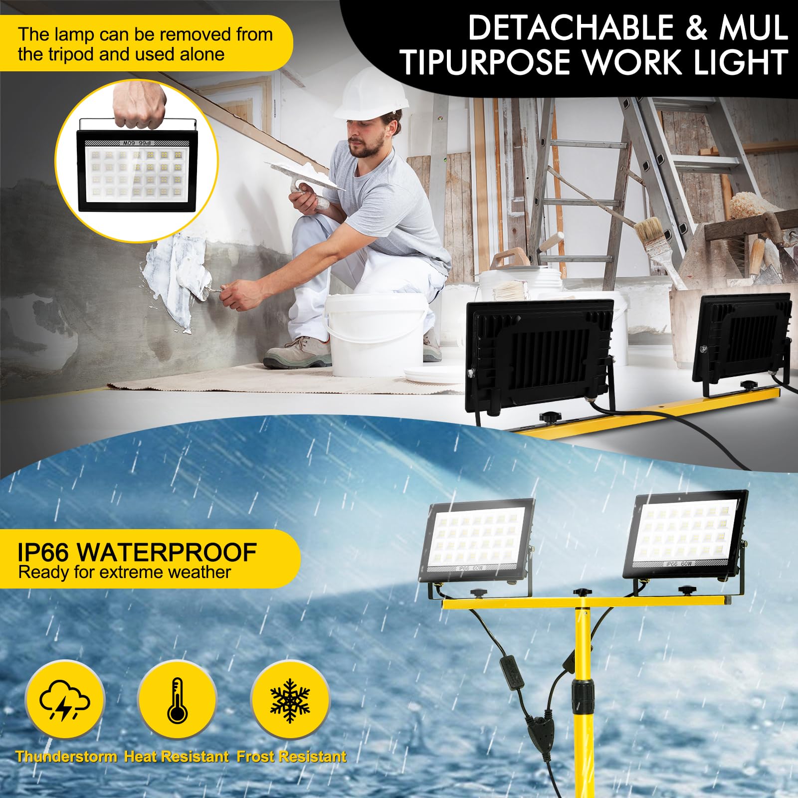 IP66 waterproof work light protects against dust and splashes during outdoor jobs.