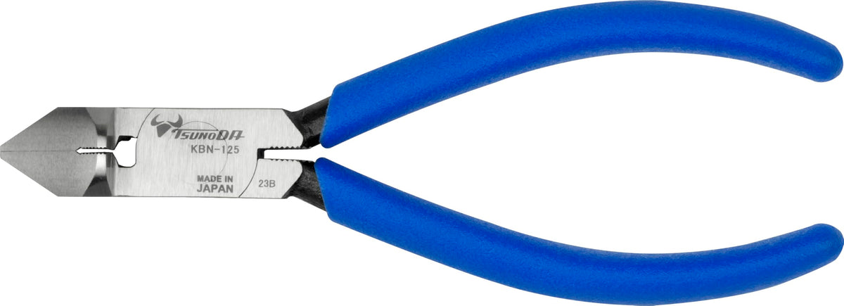 Tsunoda KBN-125 cable tie cutter in angled view shows precise flush cuts for tidy cable management.