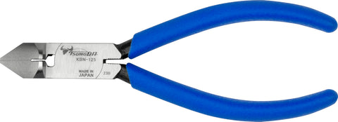 Tsunoda KBN-125 cable tie cutter in angled view shows precise flush cuts for tidy cable management.
