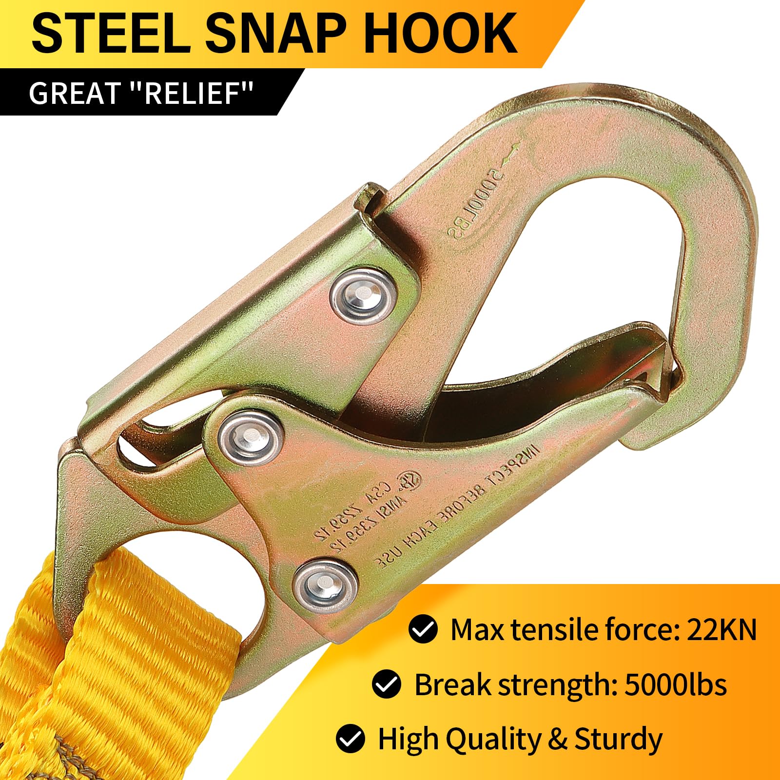 TT TRSMIMA safety lanyard double rebar hook closeup highlighting heavy-duty hardware.