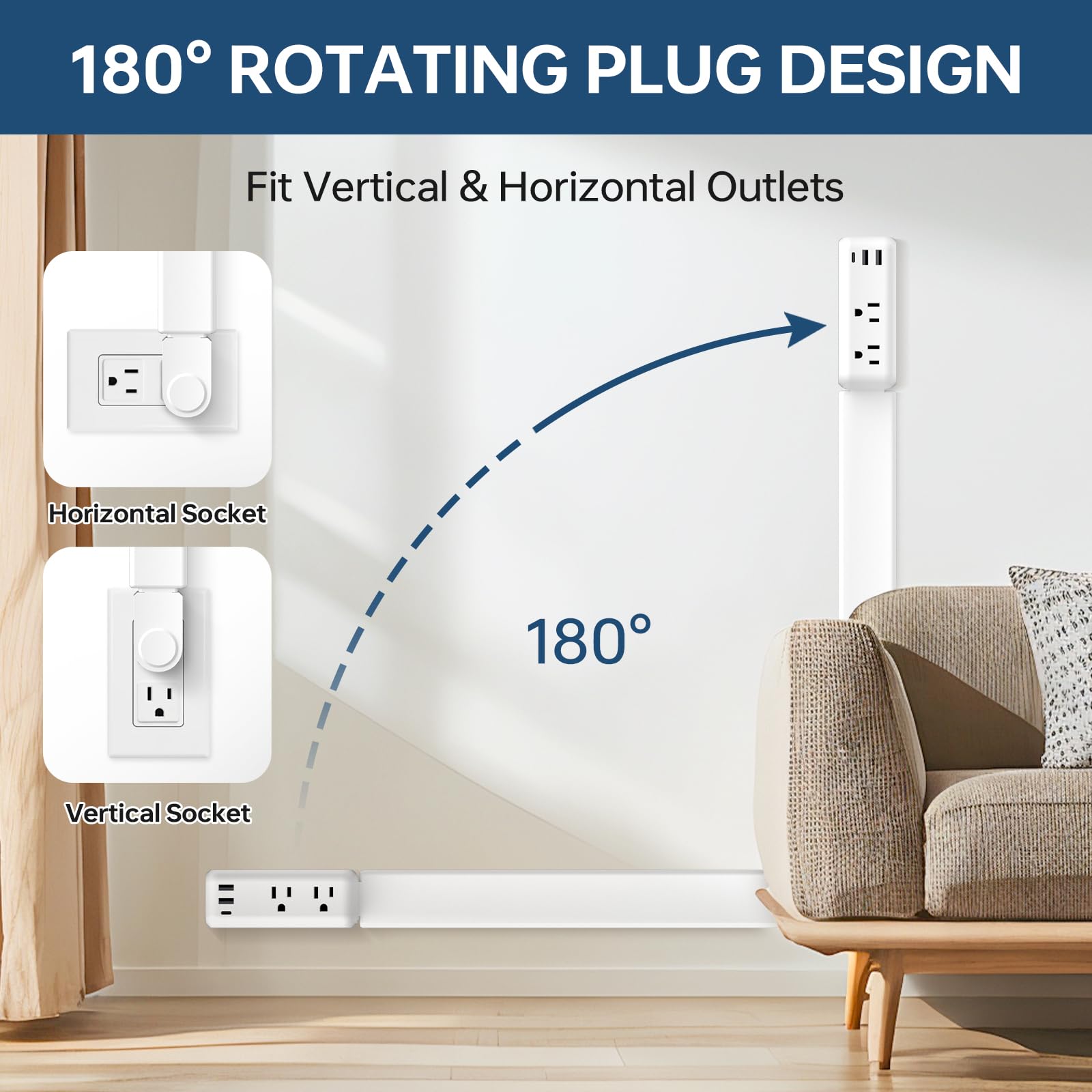 TTTOUAJ outlet extender with rotating base illustrating 180-degree swivel