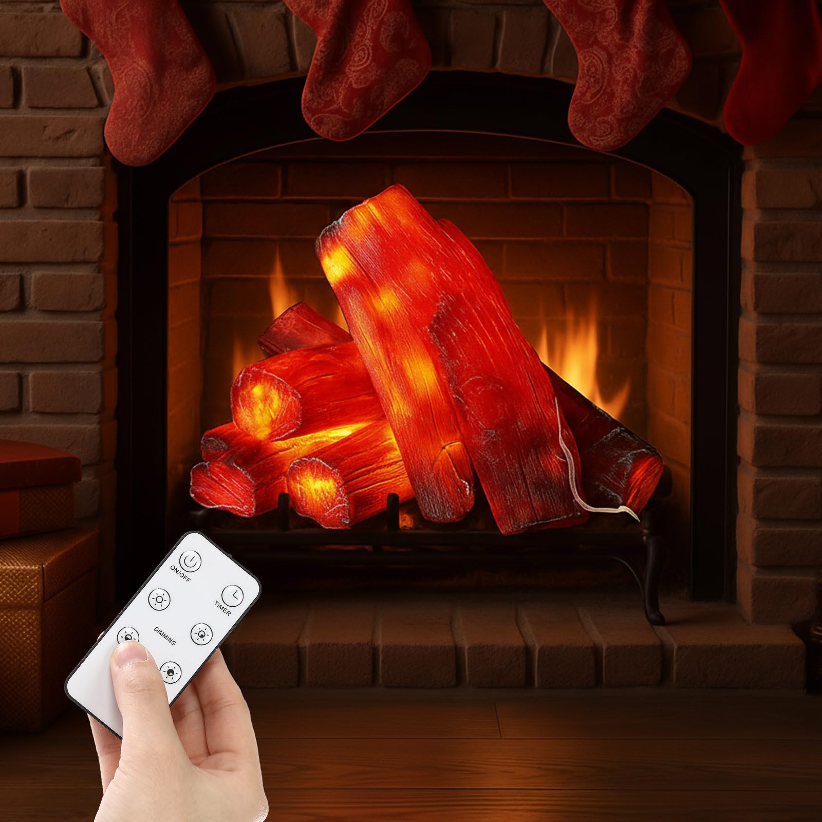 Tuanse flameless log set on mantel creates warm ambience.