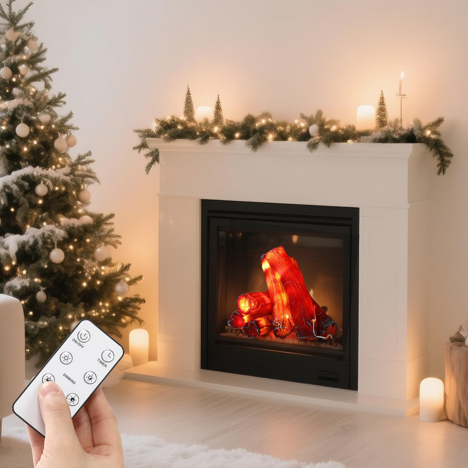 Tuanse plug-in log shines white light for cozy evenings.