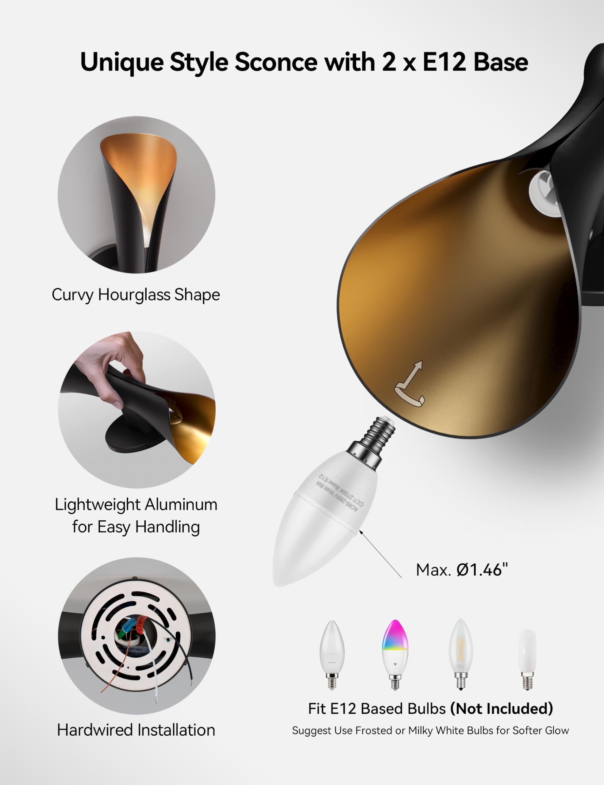 Tubicen wall light combines mid-century curves with black-gold contrast.