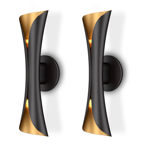 Tubicen Xiphos sconce in black-gold finish with up-down lighting for living room warmth.