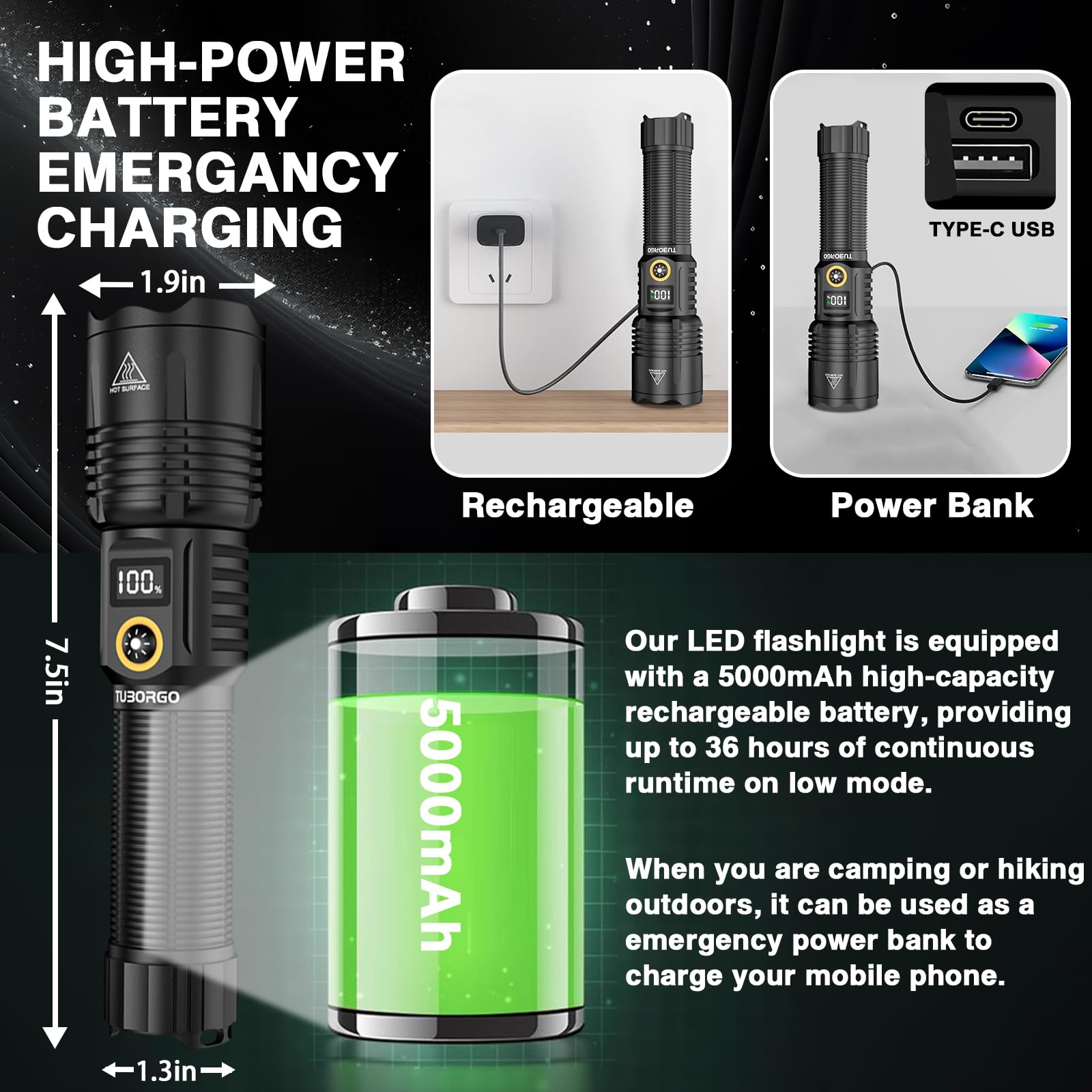 TUBORGO flashlight 5000mAh battery powering hours of light.