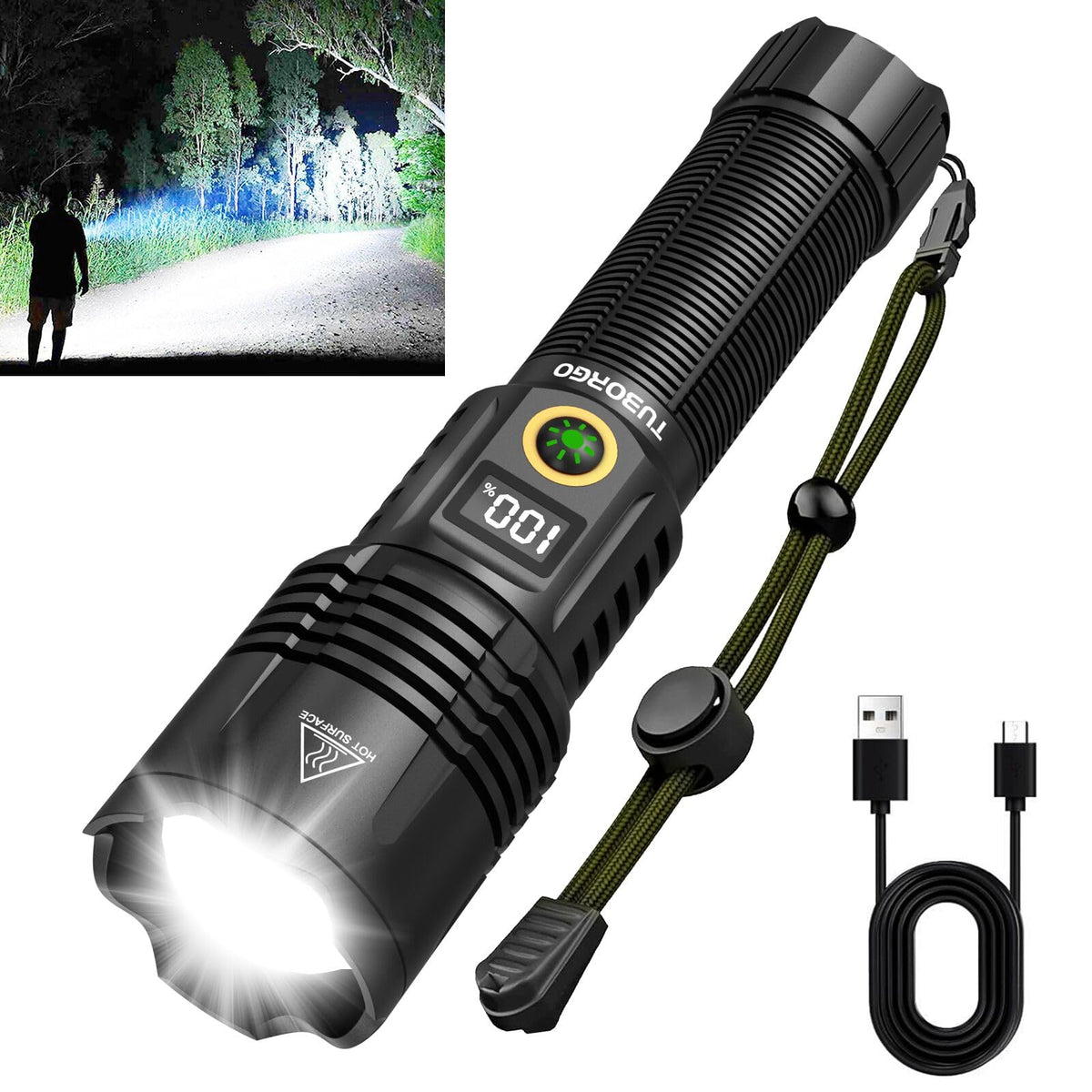 TUBORGO rechargeable flashlight at full beam for outdoor emergencies and camping trips.
