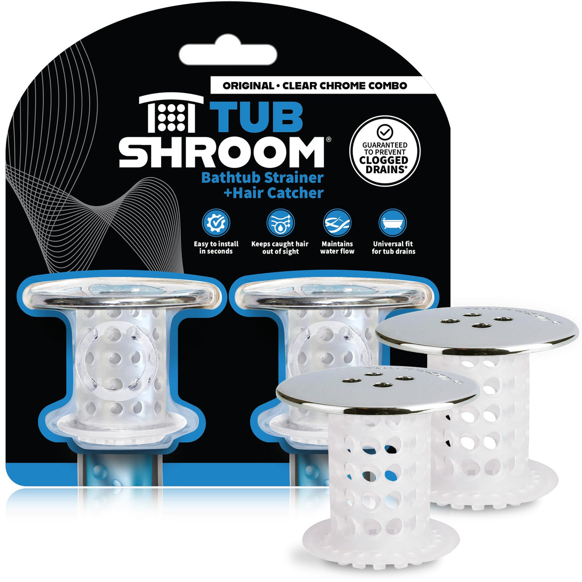 TubShroom inside drain chrome hair catcher reduces clogs while preserving water flow.