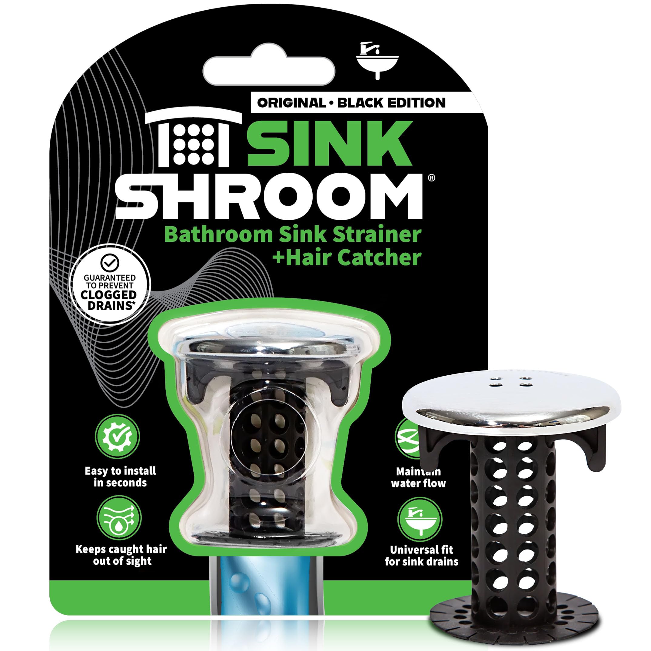 TubShroom SinkShroom Chrome Edition inside drain hair catcher catching strands, reducing clogs.