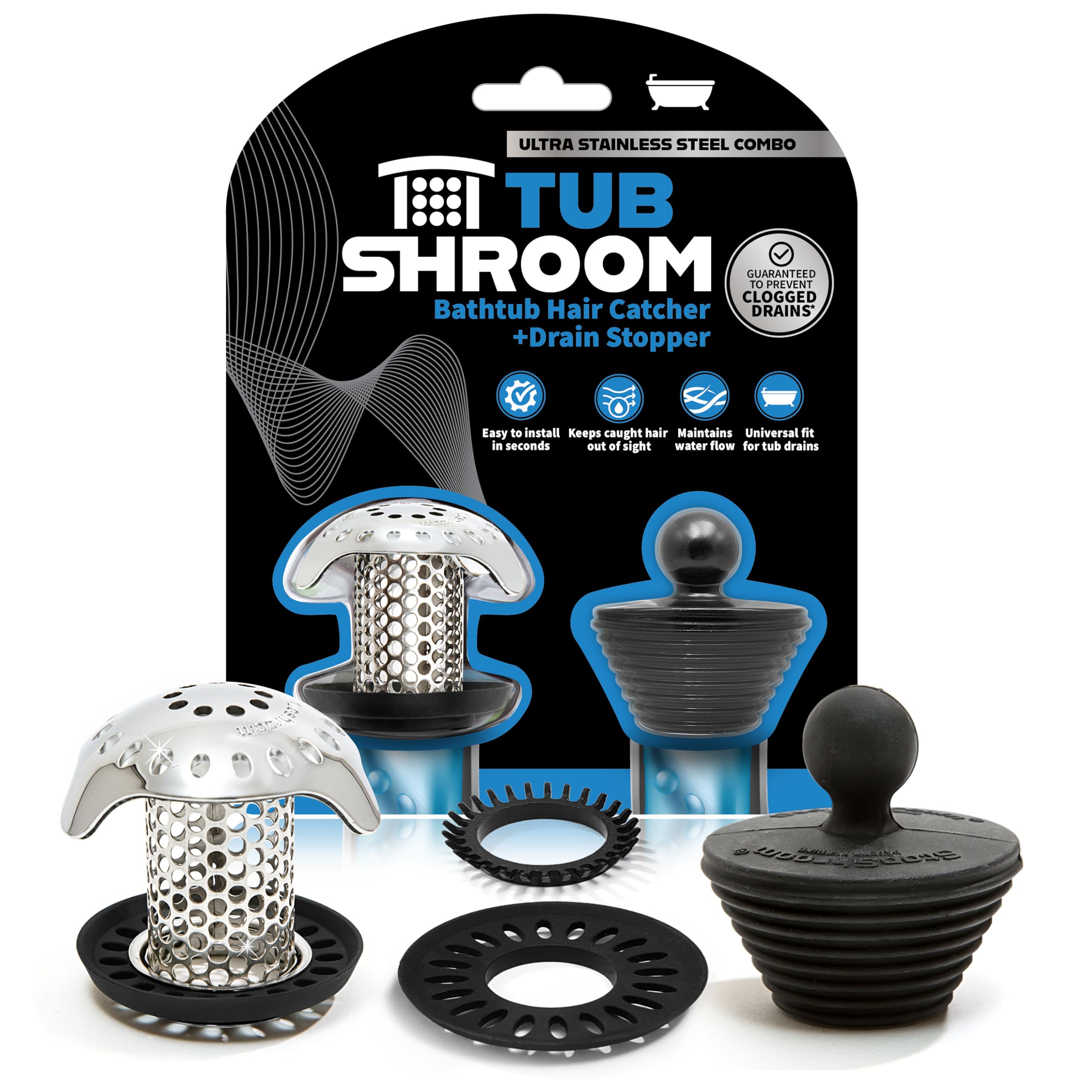 TubShroom Ultra inside drain catching hair to prevent clogs