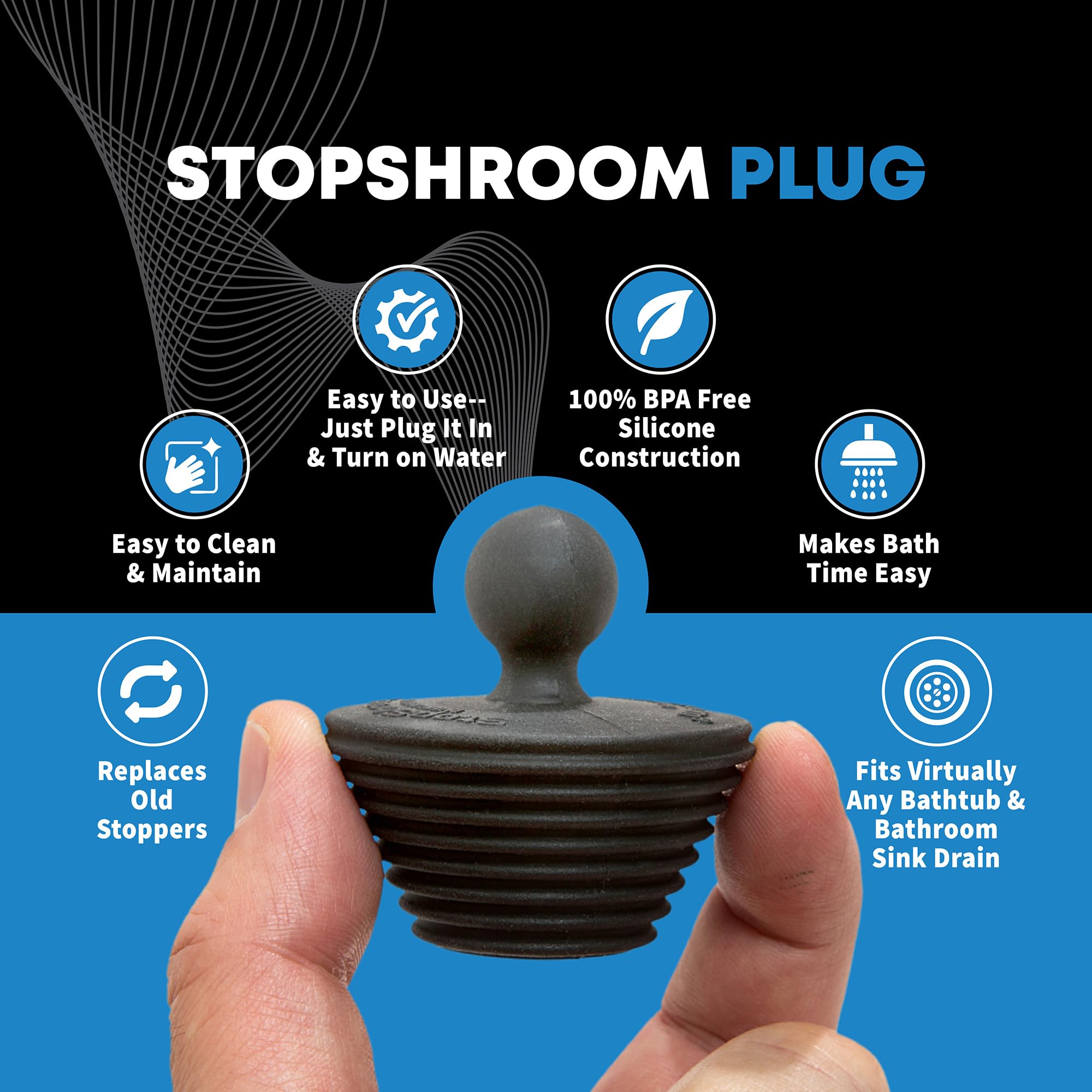 StopShroom universal stopper included with TubShroom Ultra