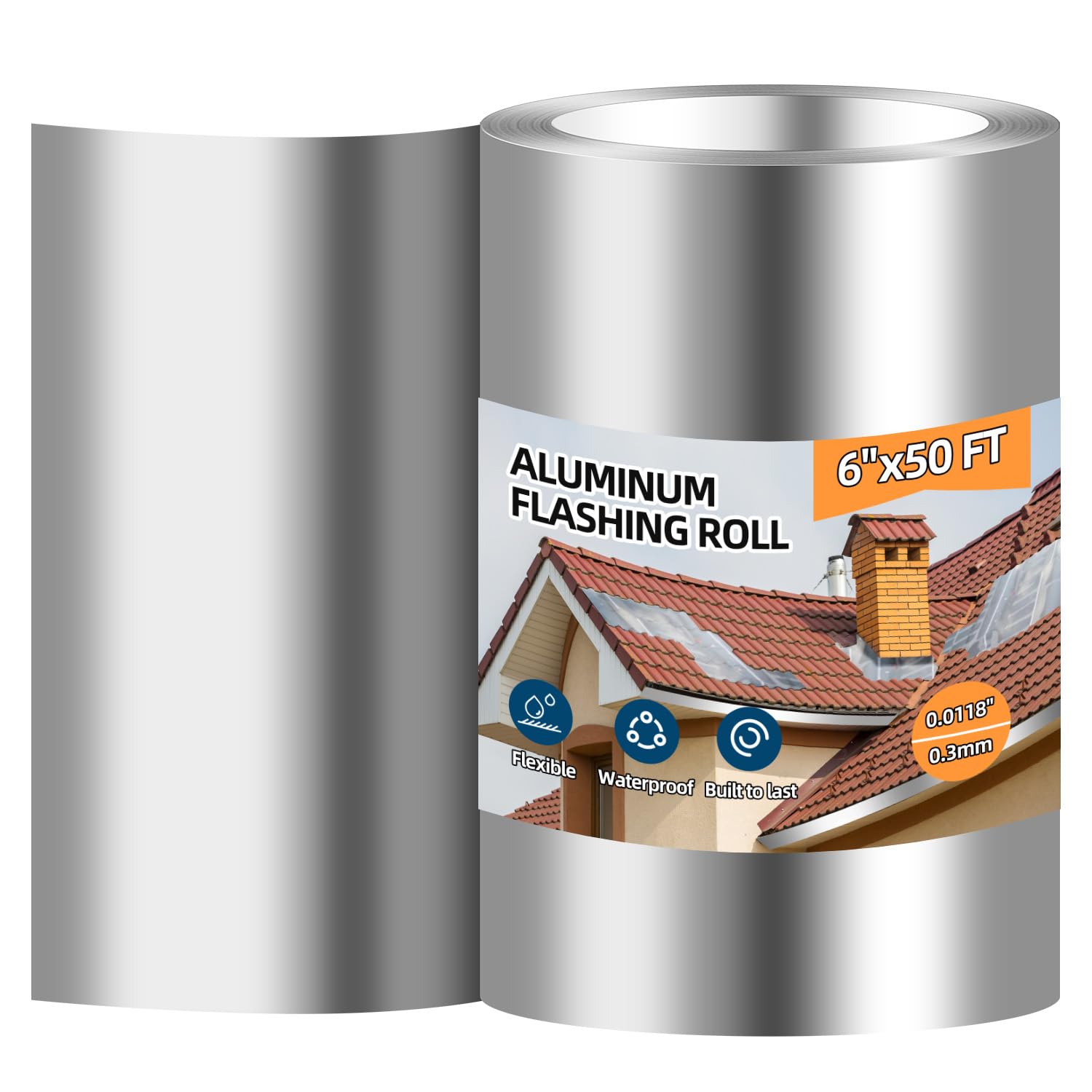 Tubtoken aluminum roll flashing 6in-50ft on roof edge provides durable moisture protection