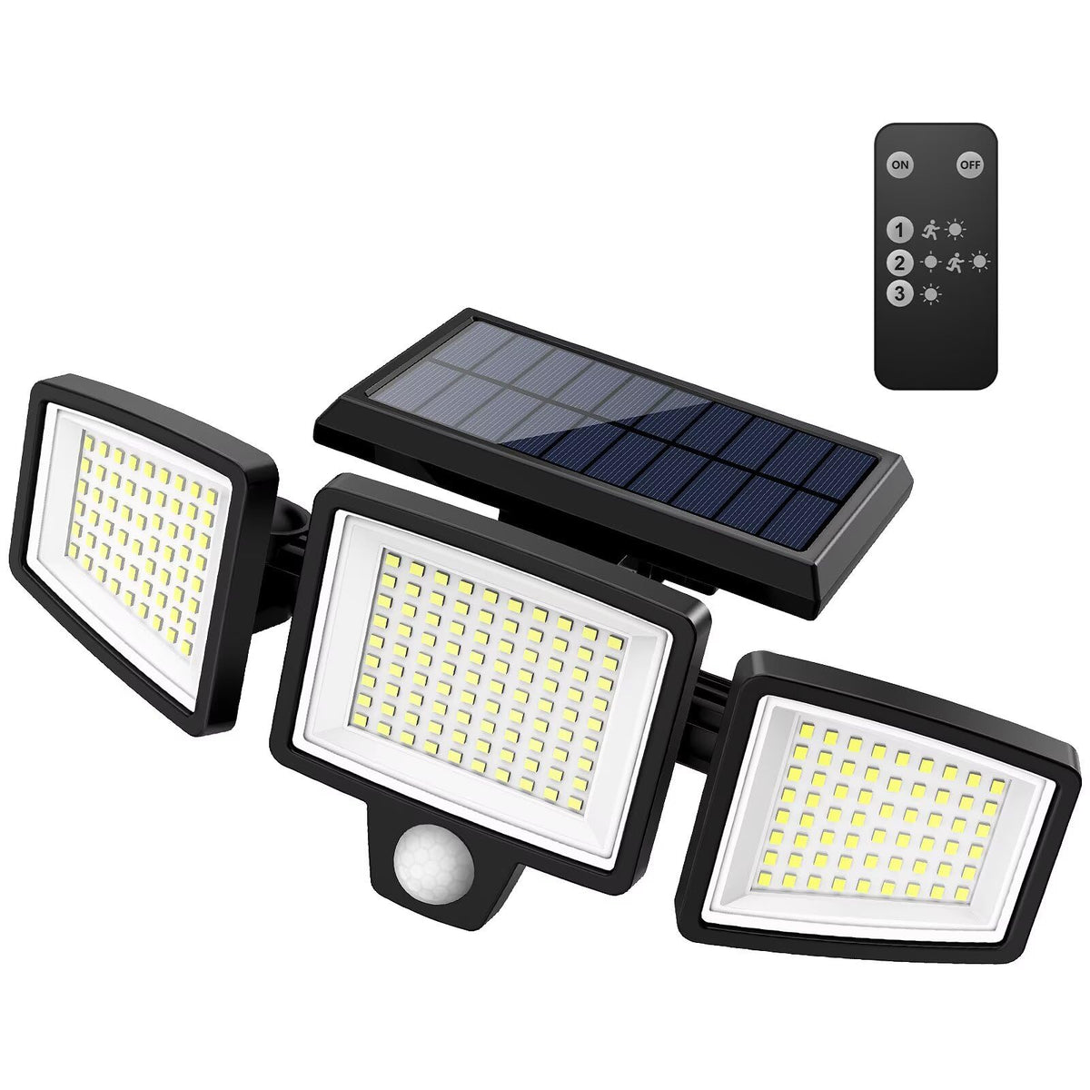 Tuffenough solar outdoor lights with remote control illuminate entrances and pathways after dark.
