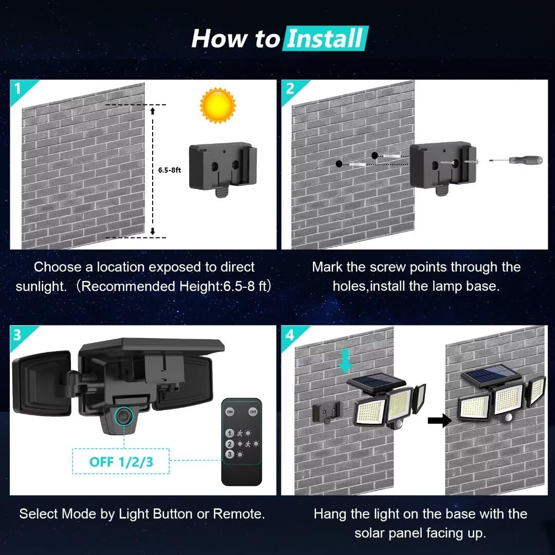 Tuffenough wall-mountable solar flood light with included screws.