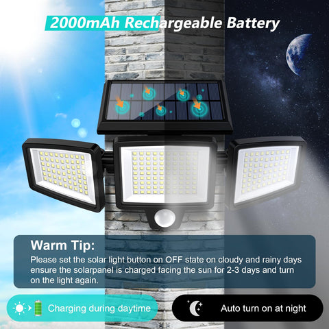 270-degree wide-angle solar flood light capturing broad outdoor area.