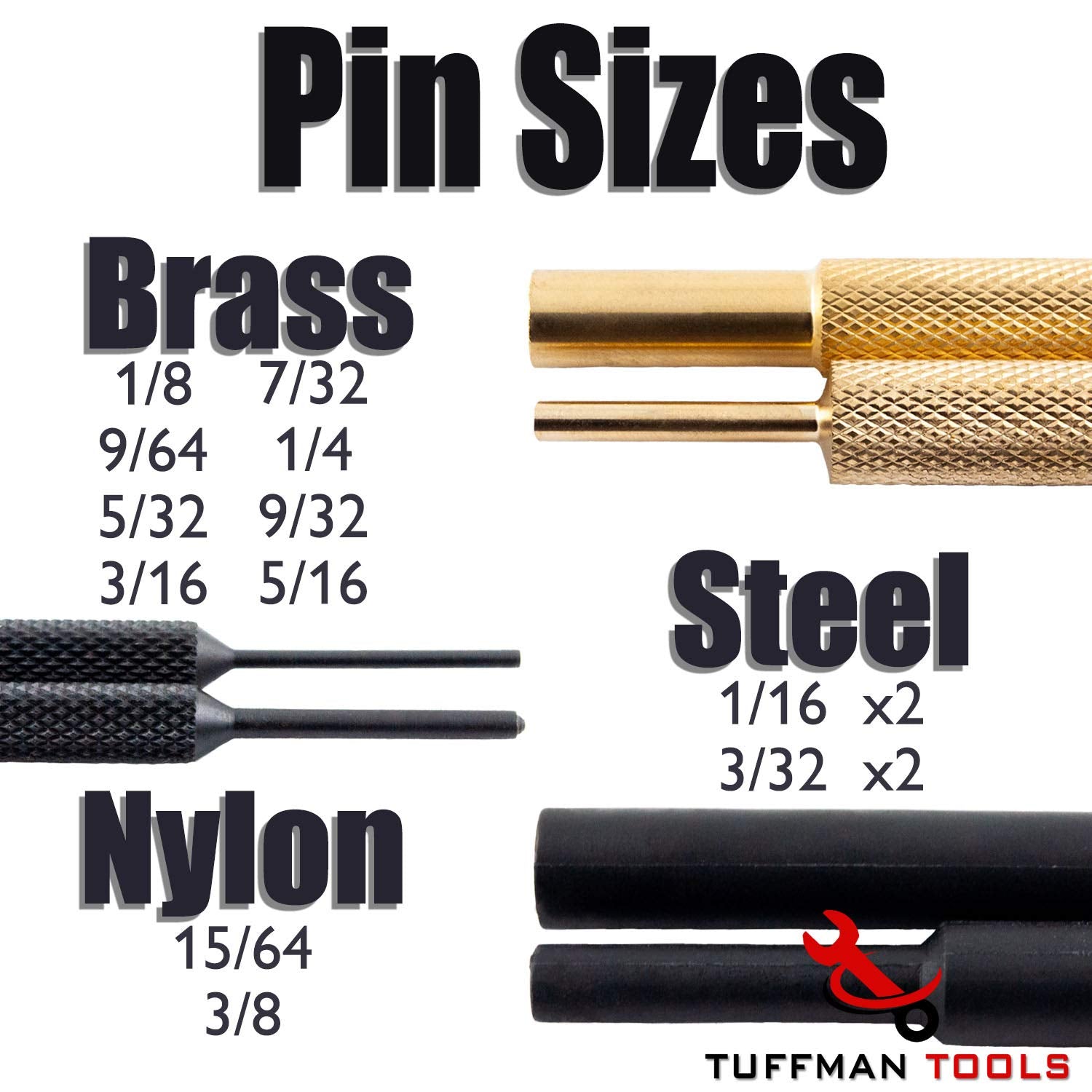 TuffMan Tools brass pins in sizes 1/8 to 1/4 for precise pinwork.