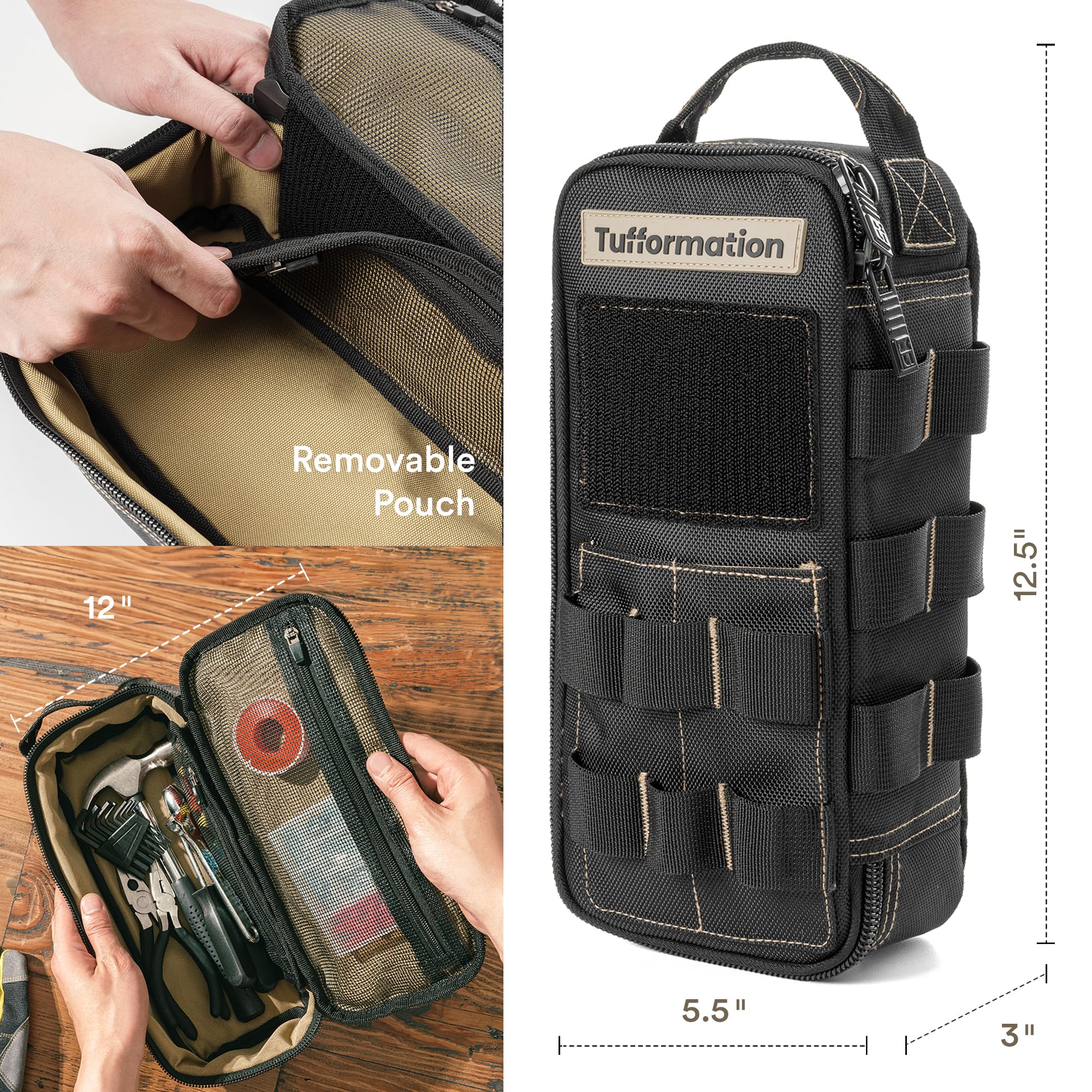 Tufformation tool bag compartments with mesh pocket for quick access to small parts