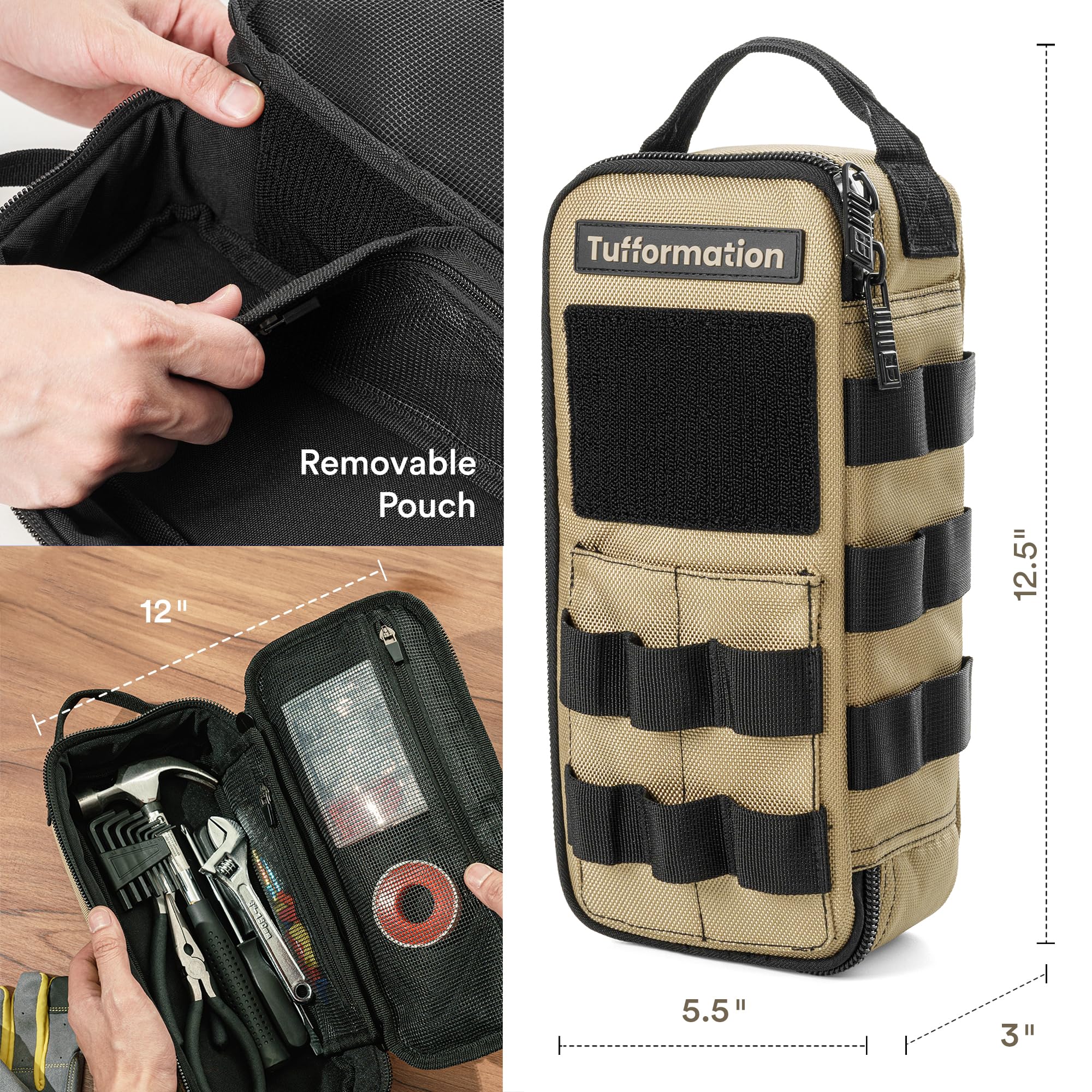 Tufformation tool bag interior with compartments for small tools and electronics