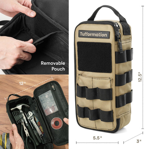 Tufformation tool bag interior with compartments for small tools and electronics
