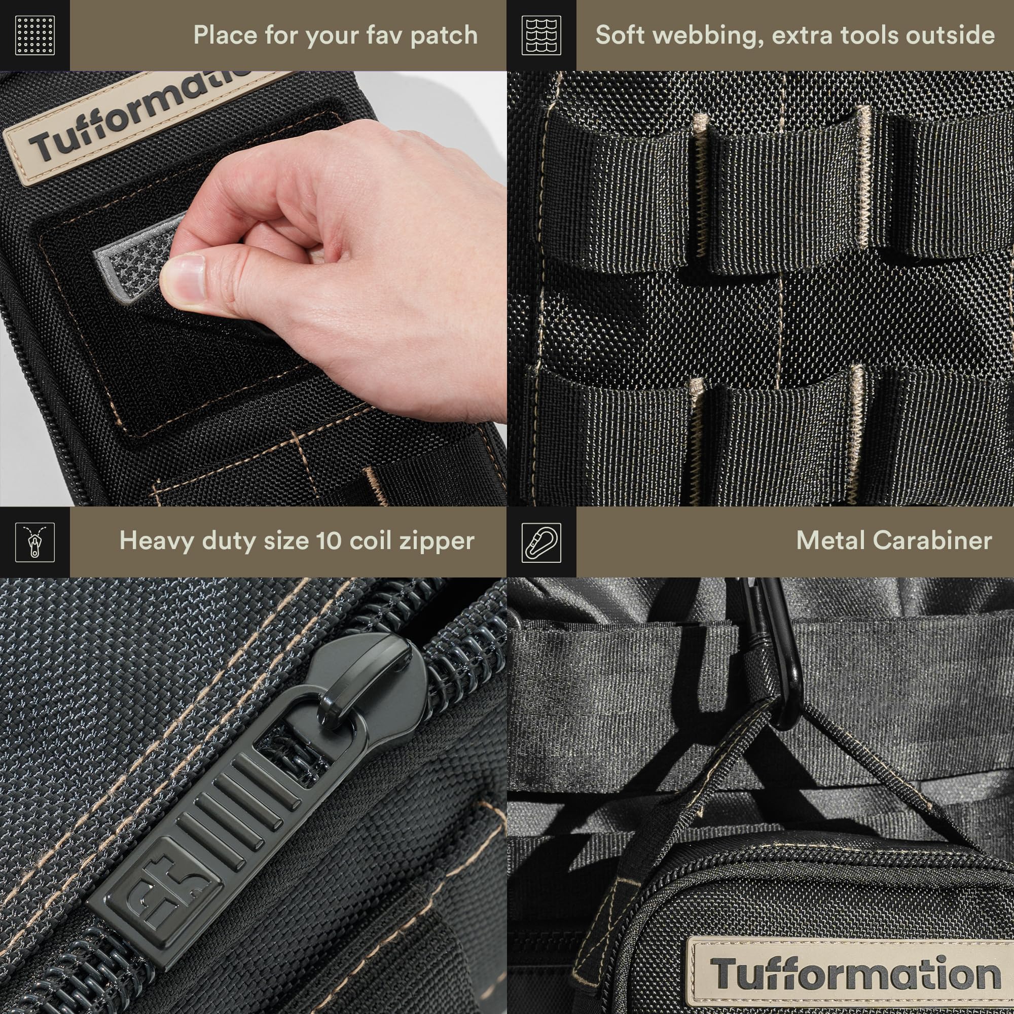 Tufformation bag top handle and carabiner for easy transport on the go