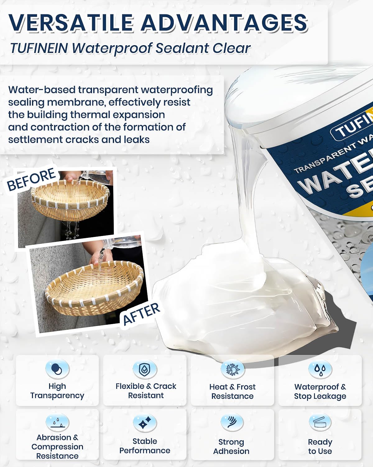 TUFINEIN application on a surface demonstrates easy, even coating for waterproofing.