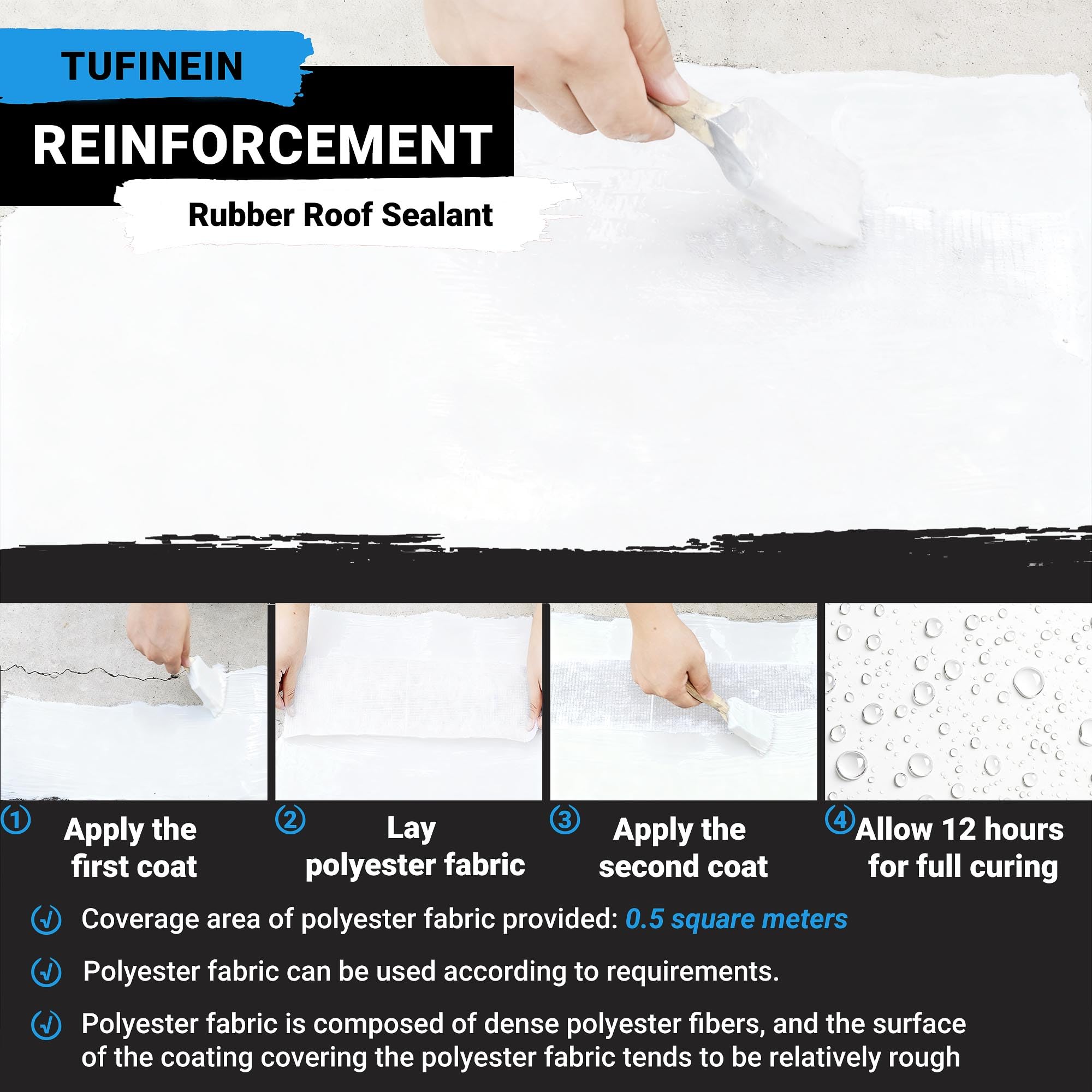 Tufinein sealant with polyester fabric reinforcement at joints