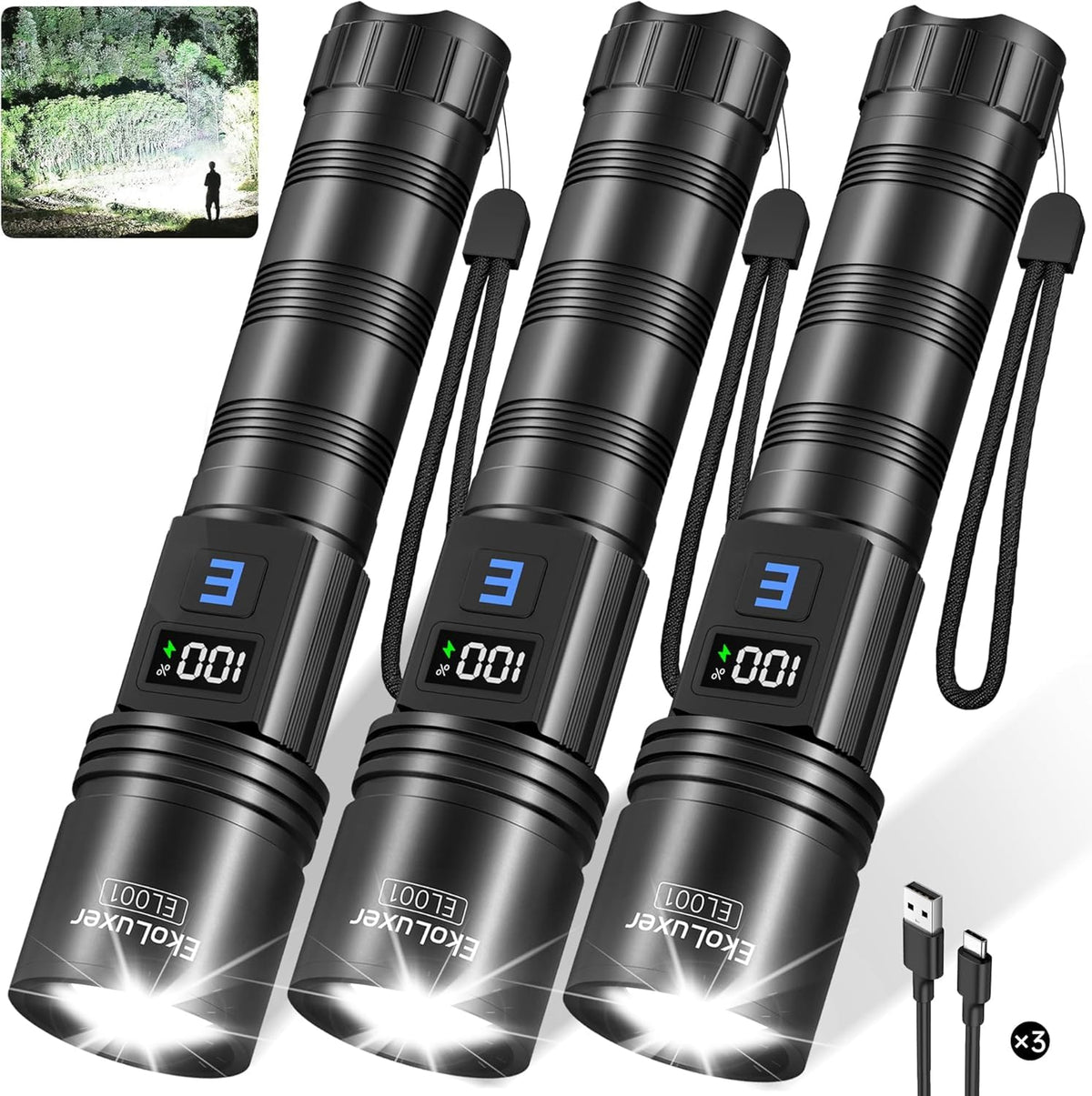 Tughlax 3Pack flashlights with LCD display show battery life for easy power tracking.