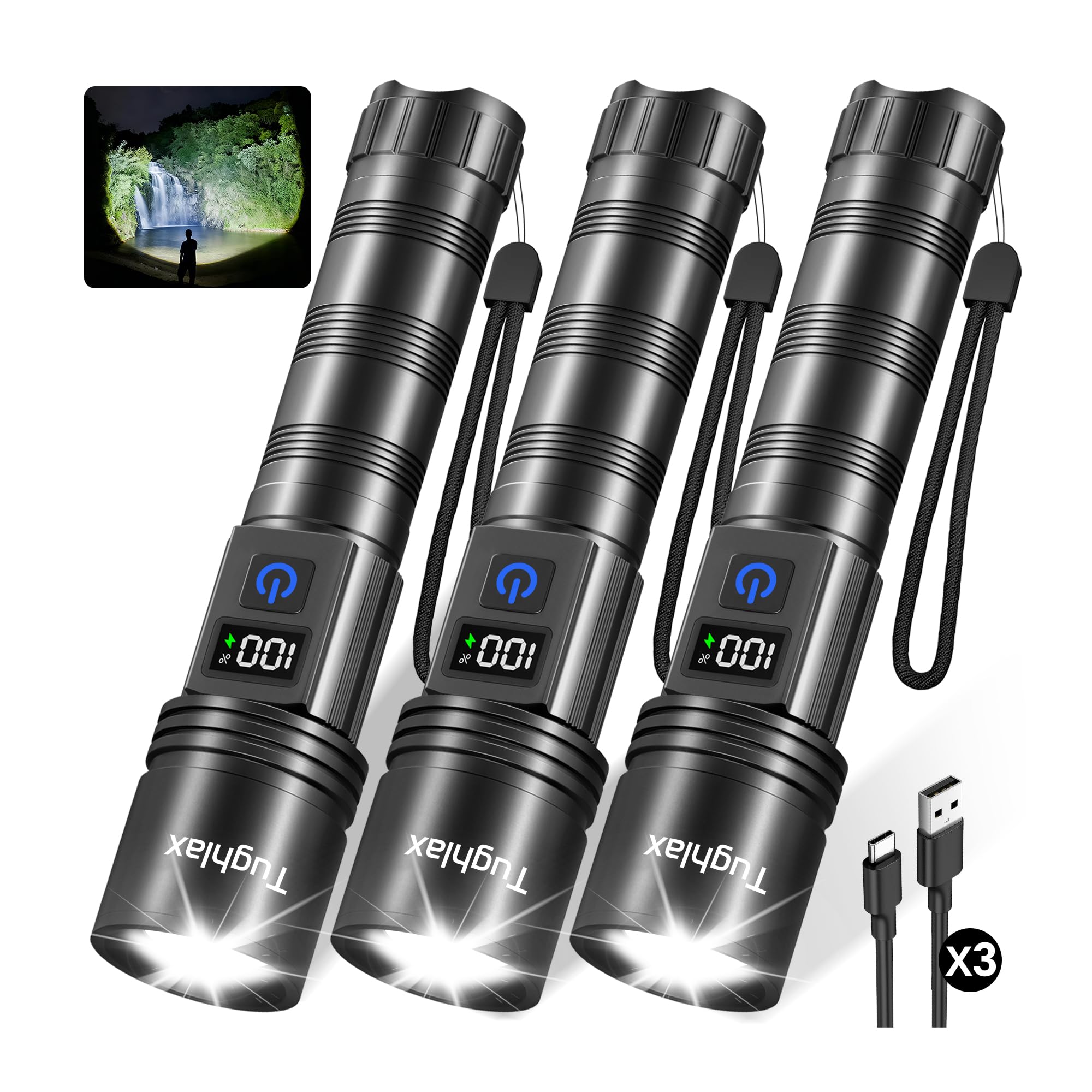 Tughlax 3-pack flashlights with a wide beam for room and yard illumination.