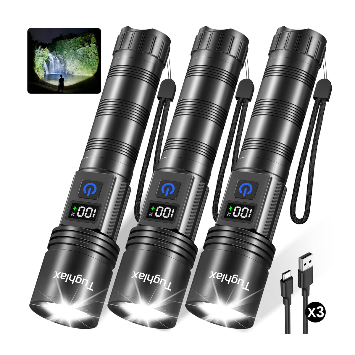 Tughlax 3-pack flashlights with a wide beam for room and yard illumination.