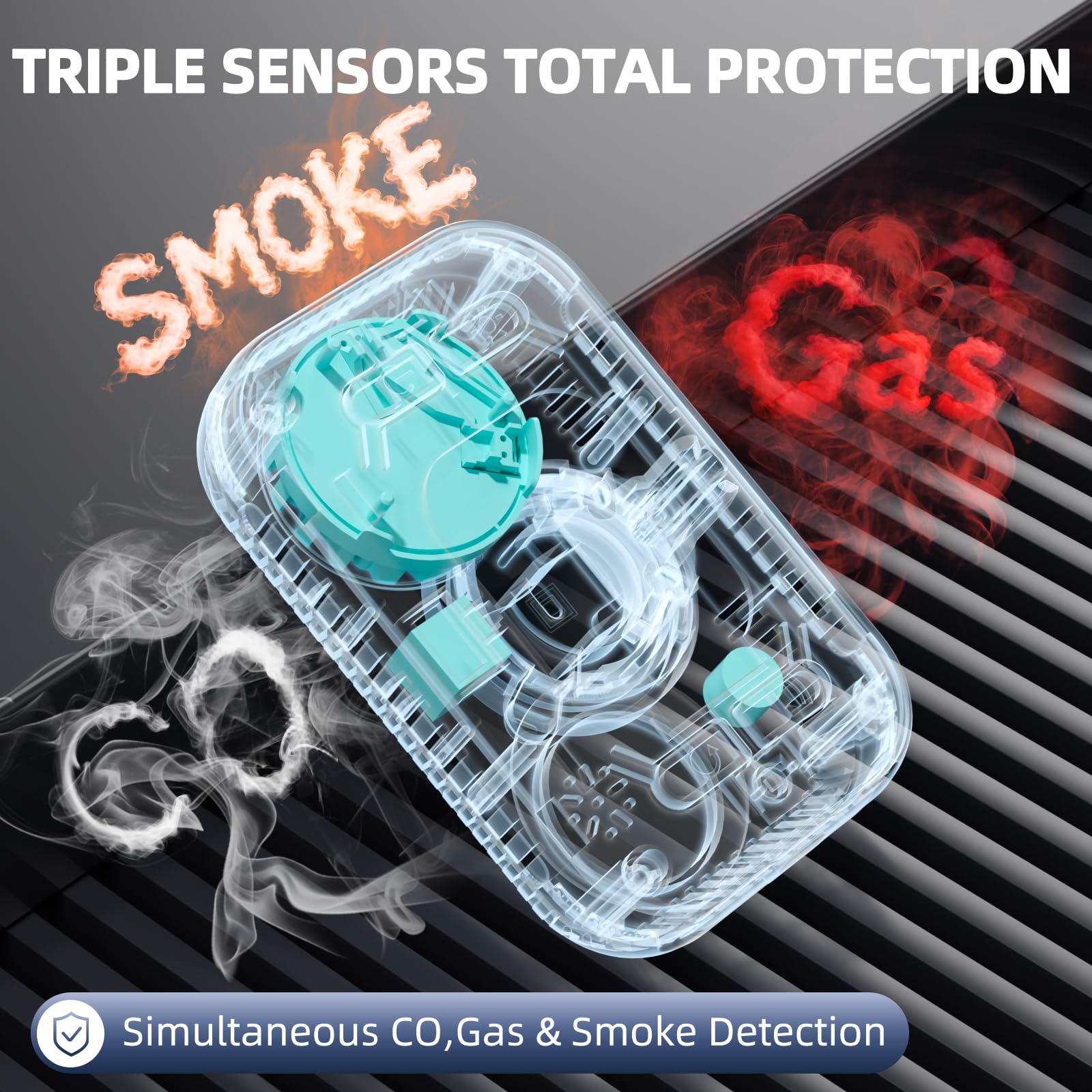 TUIKEN 5-in-1 CO detector with audible alarm and red indicator lights.