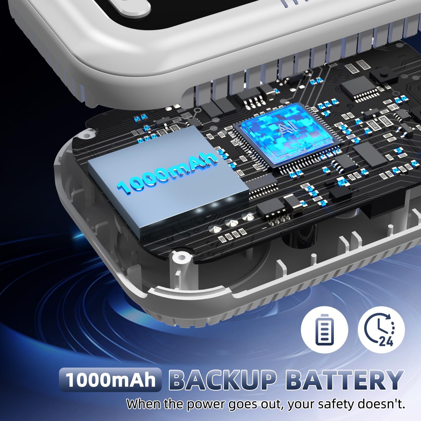 Built-in 1000mAh battery keeps monitoring during outages