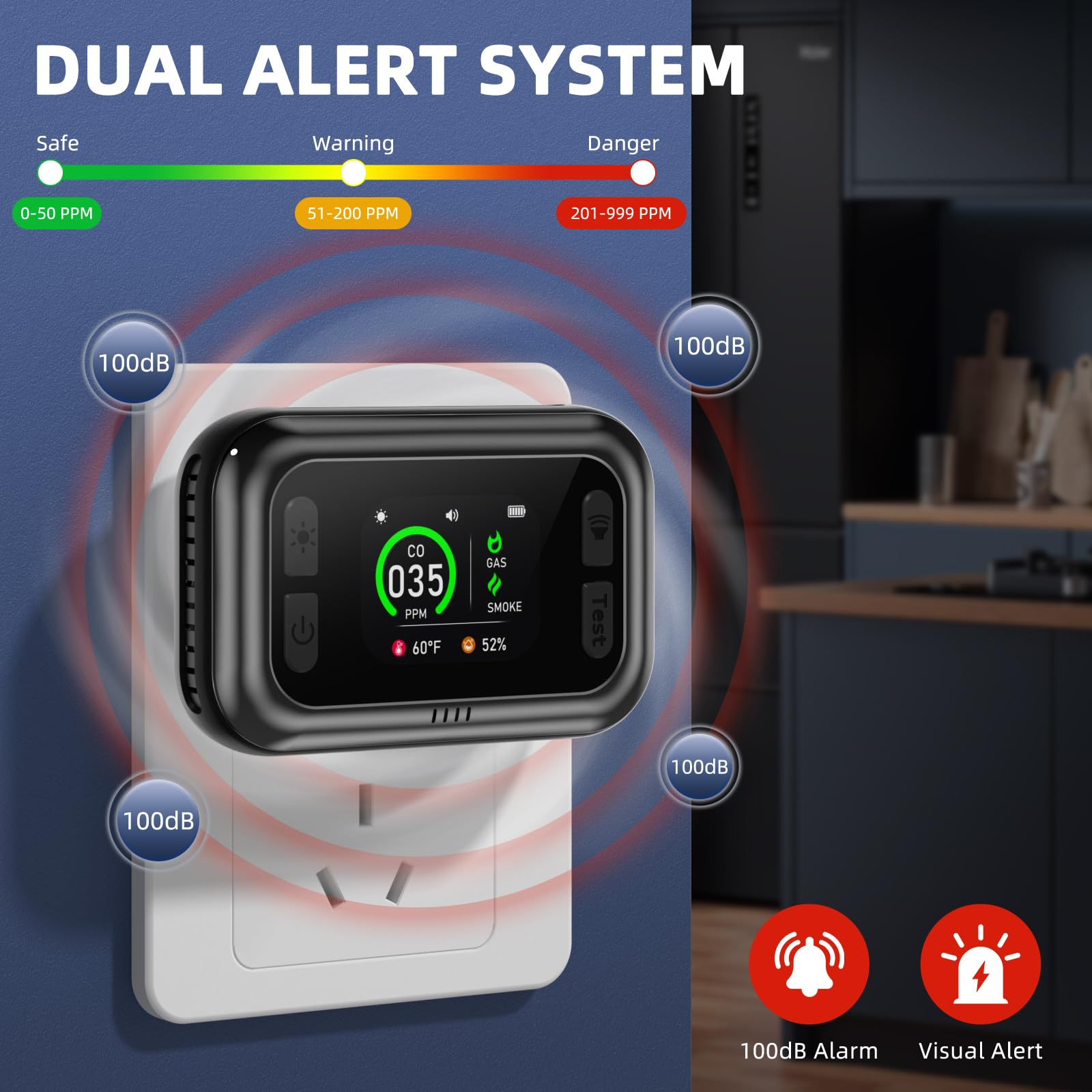 TUIKEN plug-in CO detector with built-in 1000 mAh battery backup for uninterrupted monitoring during outages.