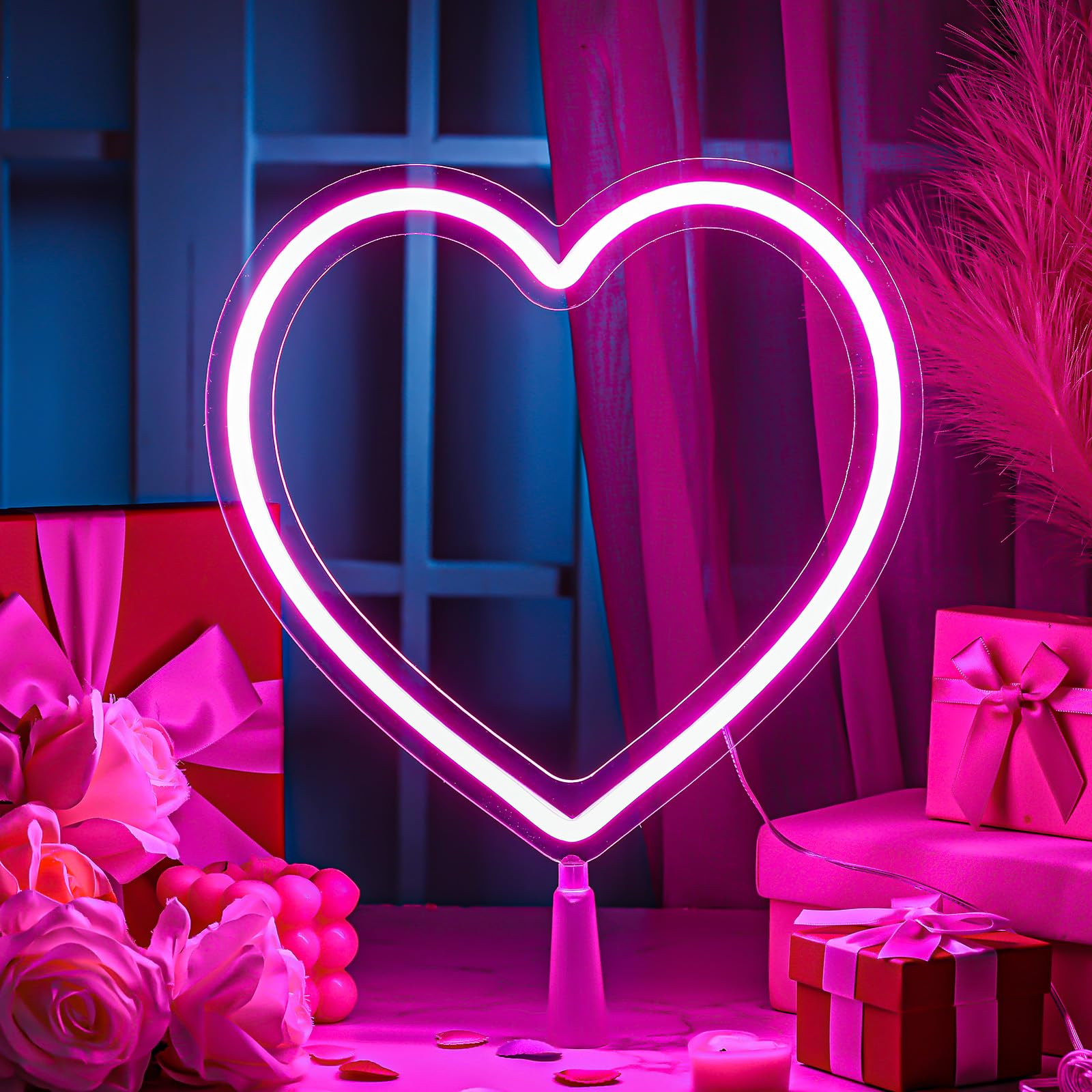 Tujoe 11-inch pink heart neon sign provides a soft, romantic glow