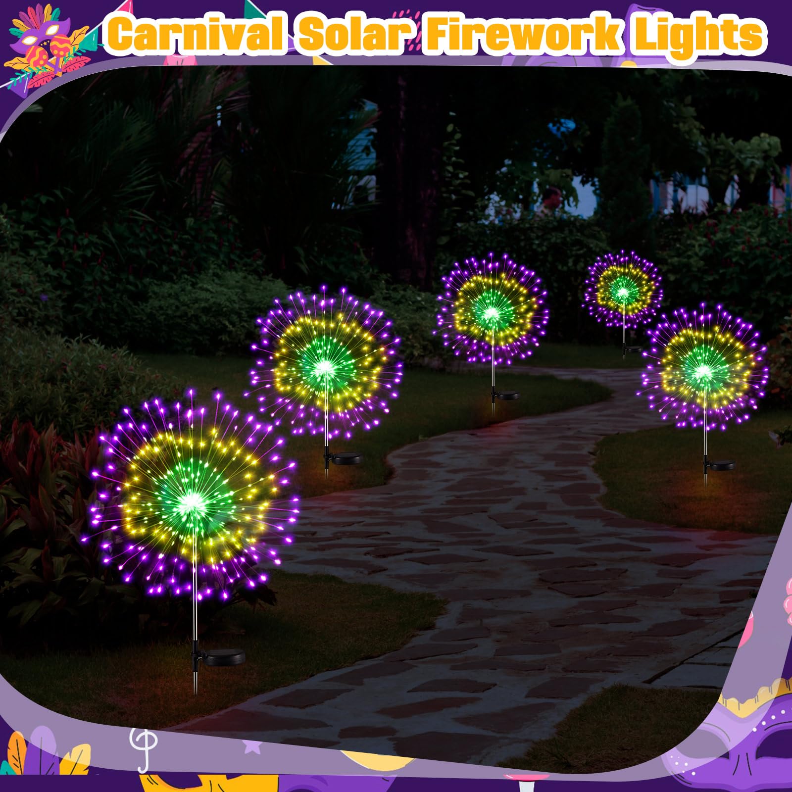 Carnival-color lighting adds festive ambiance to gardens, patios, walkways.