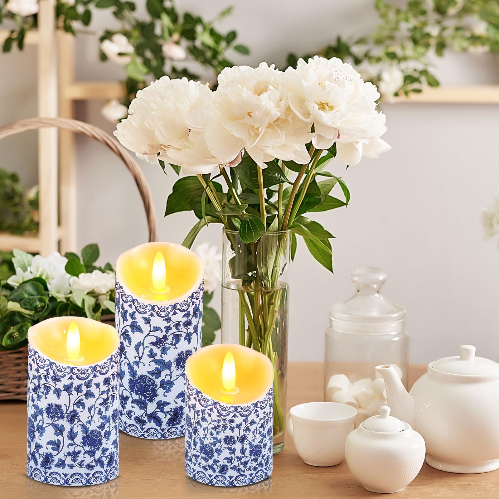 Tujoe chinoiserie floral design adds artistic charm to mantels and tables.