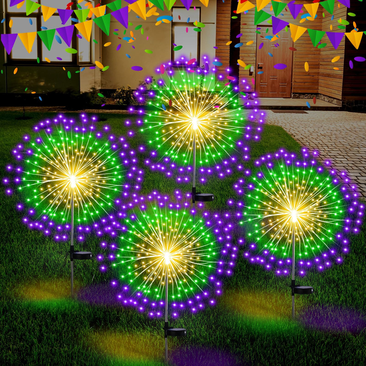 Tujoe Mardi Gras solar firework lights illuminate outdoor paths with vibrant green, purple, and yellow hues.