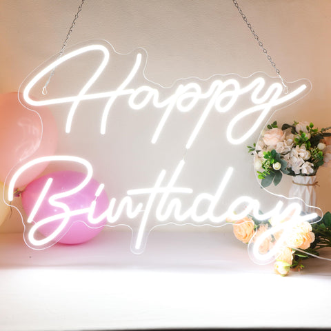 Tujoe Happy Birthday neon sign backdrop lights for chic party decor.