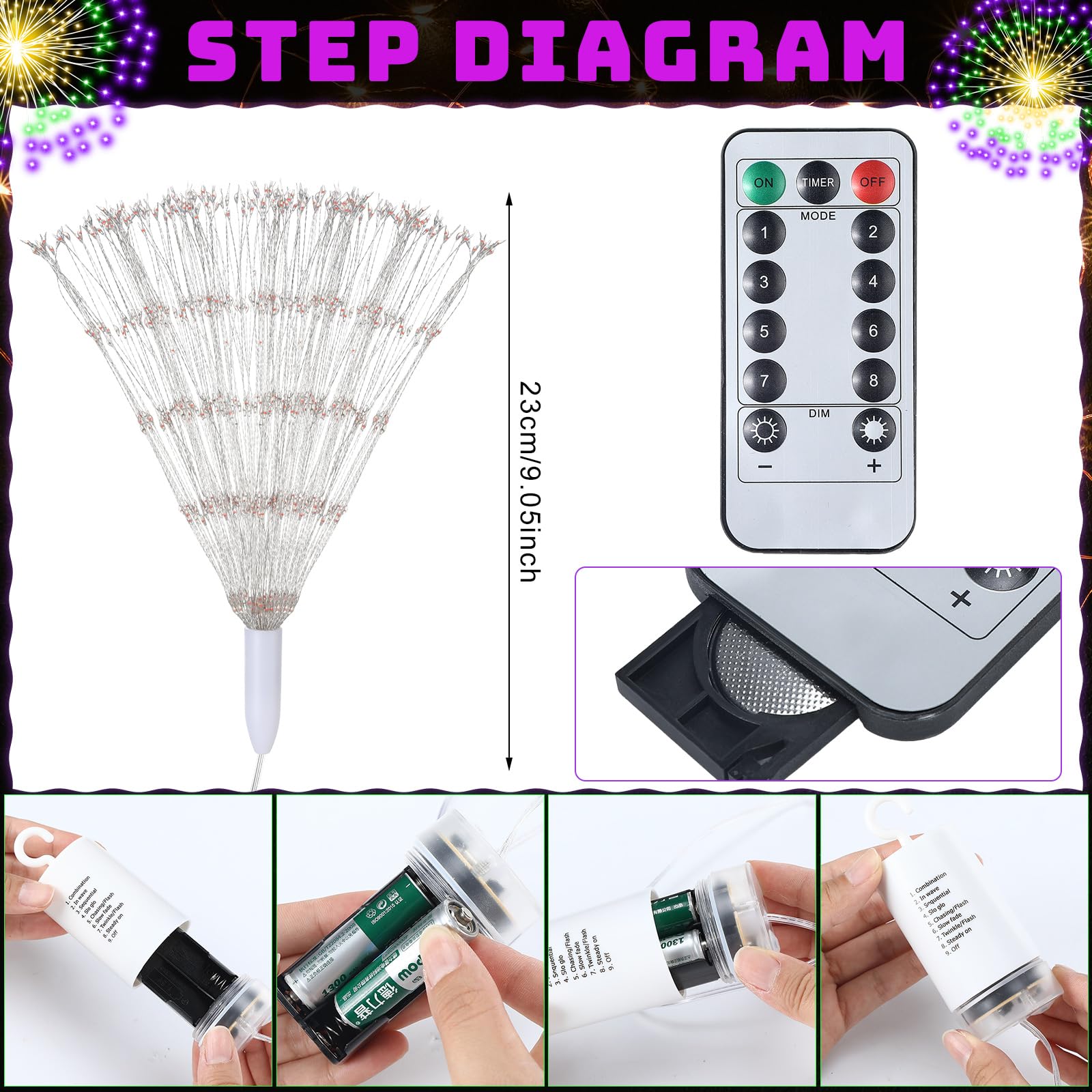 Tujoe Mardi Gras firework light remote control setup for easy operation