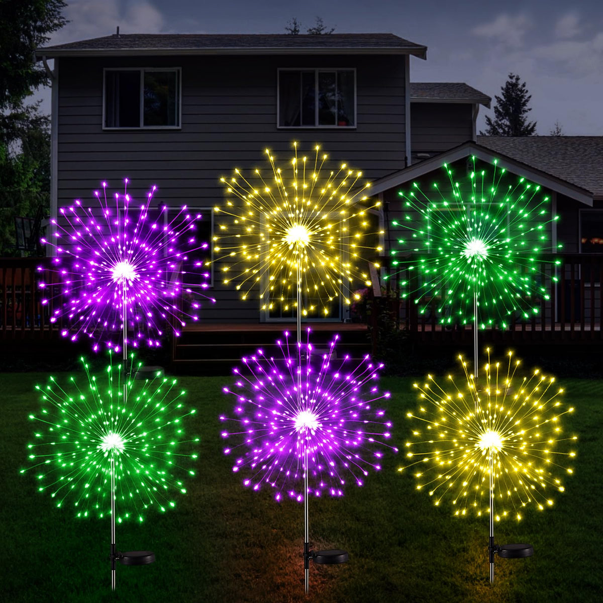 Tujoe Mardi Gras purple solar firework lights brighten garden decor at dusk.