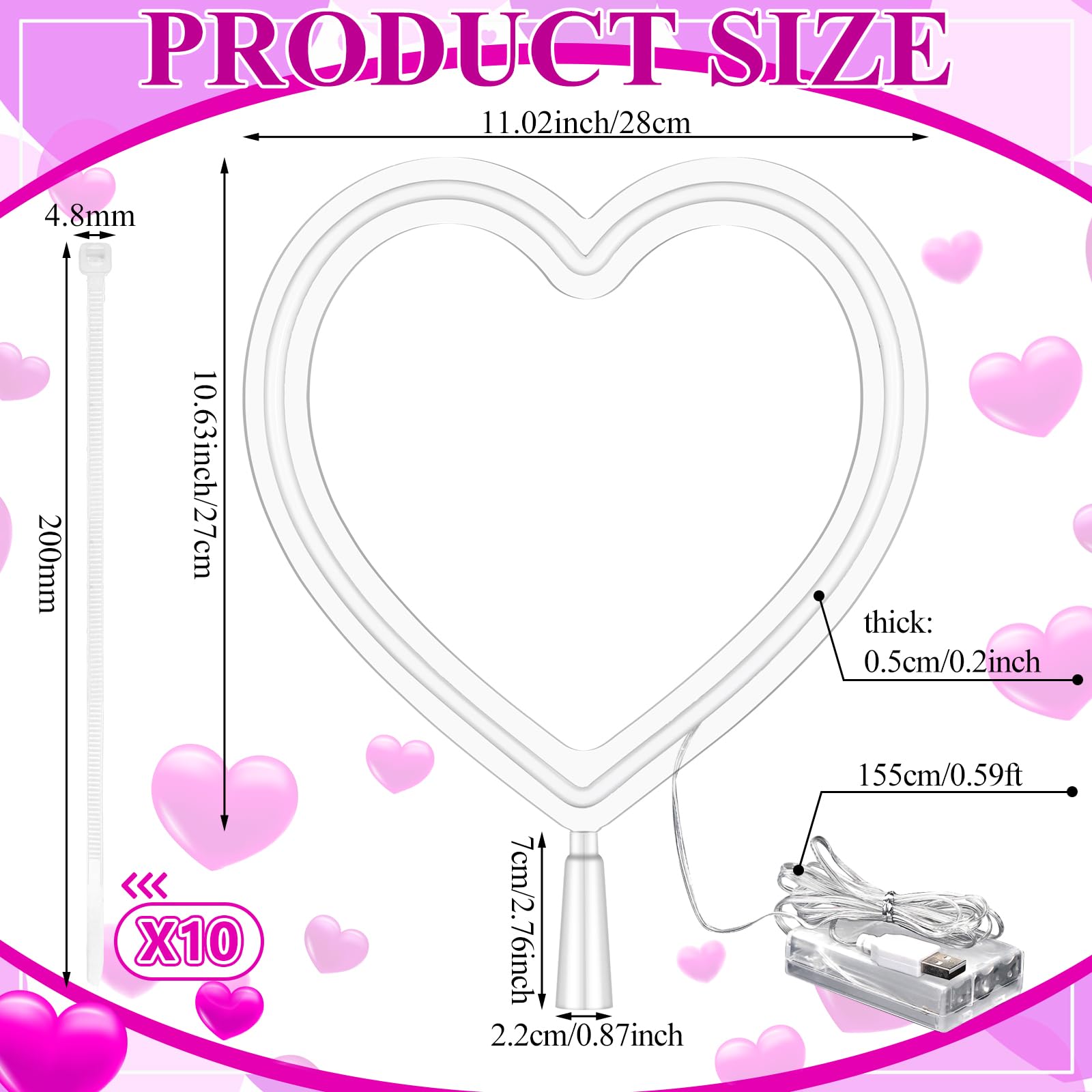 Tujoe pink heart LED neon sign powered by USB or battery for flexible setup