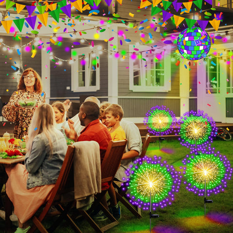 Tujoe solar firework lights charge by day for nighttime carnival glow along walkways.