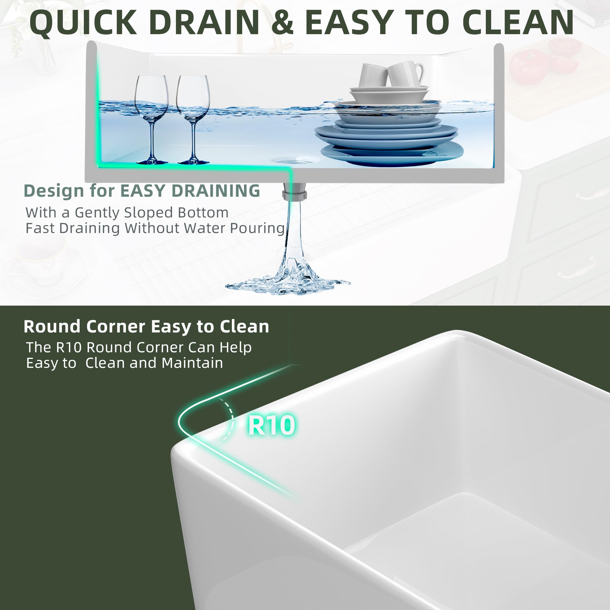 R20 radius corners simplify cleaning and wipe-down of the sink interior
